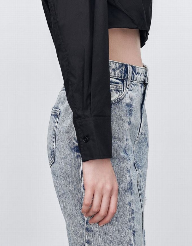 Black Urban Revivo Gathered Waist Cropped Cotton Women's Shirts | OBHLNW-812