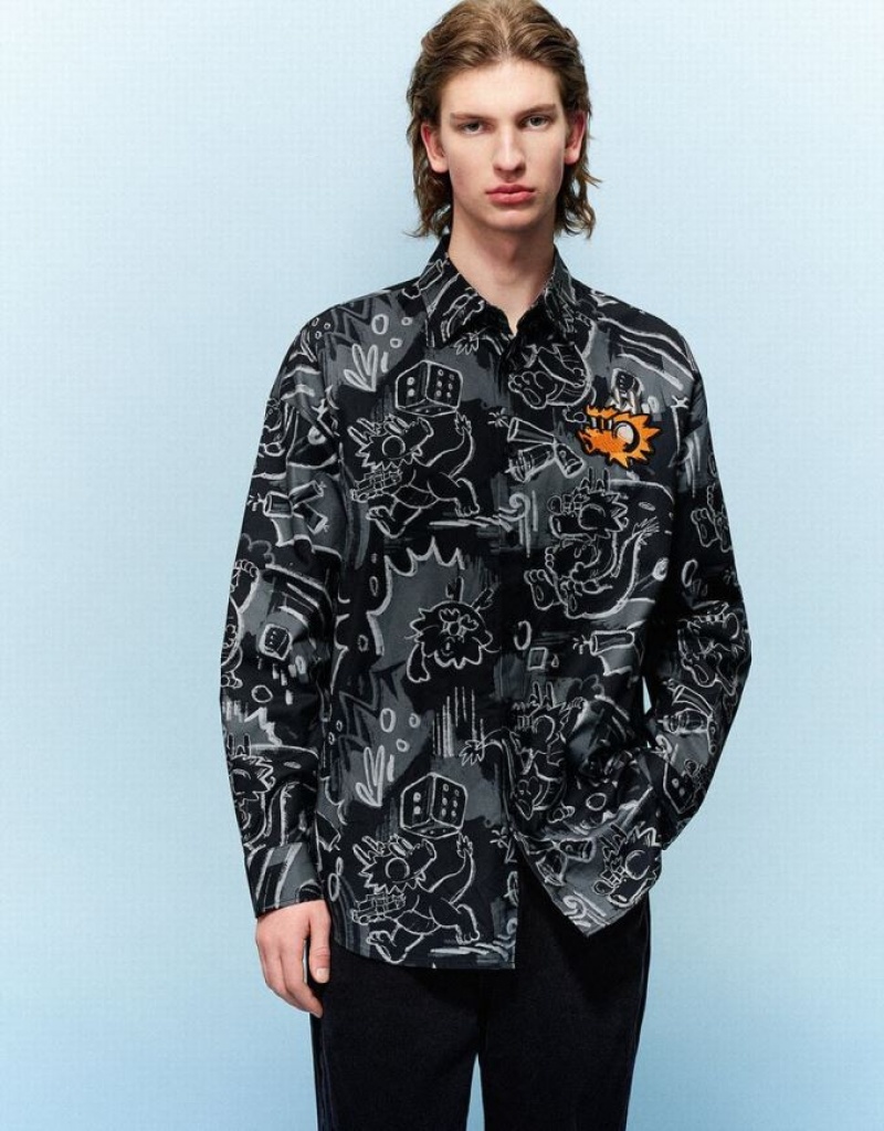 Black Urban Revivo Graffiti Printed Button Up Loose Men's Shirts | XMIRGQ-481