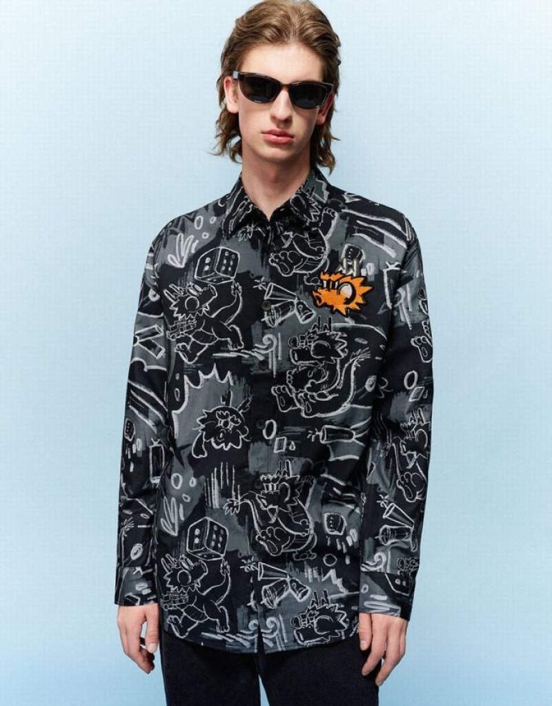 Black Urban Revivo Graffiti Printed Button Up Loose Men\'s Shirts | XMIRGQ-481