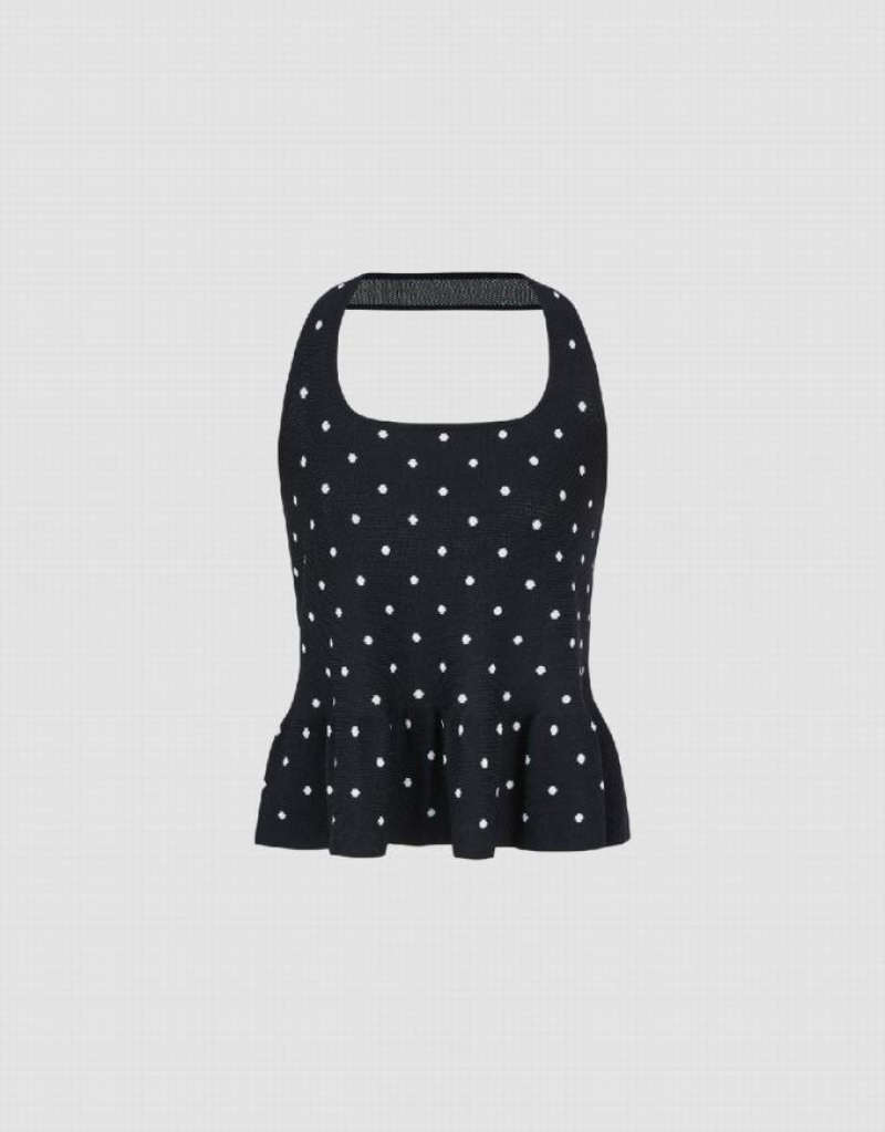 Black Urban Revivo Halter Neck Polka Dot Knitted Top Women's Cardigan | AHKJSU-749