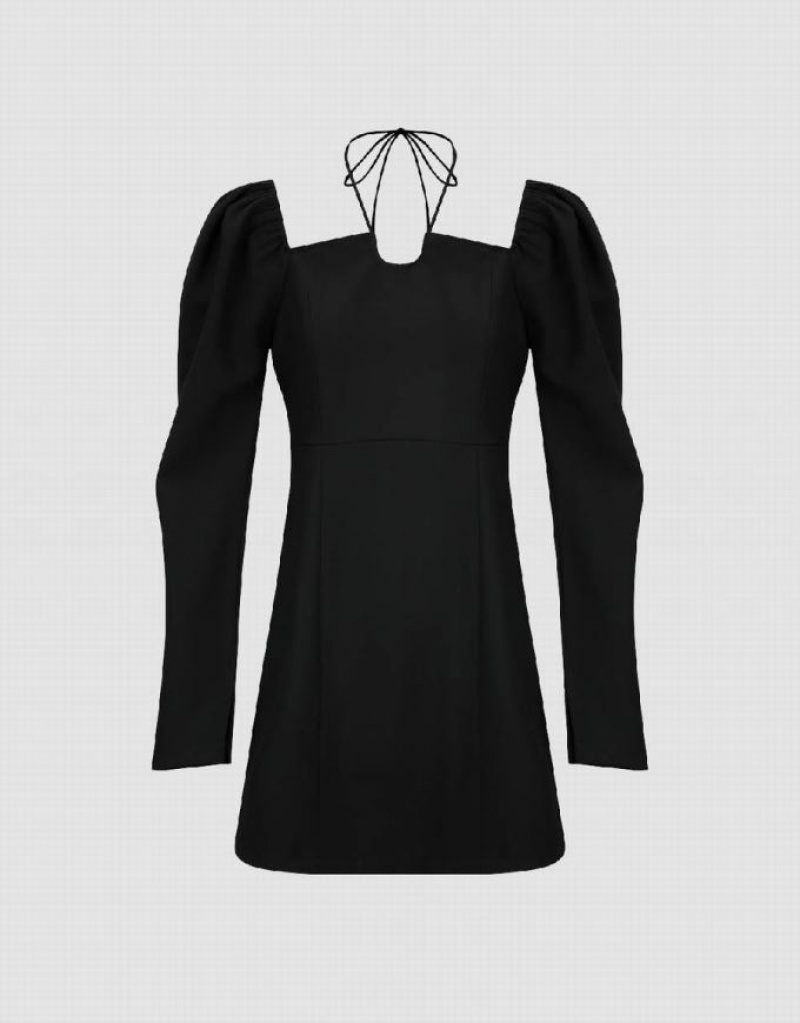 Black Urban Revivo Halter Neck Puff Sleeve Off-Shoulder Skater Women's Short Dress | QXCLET-319