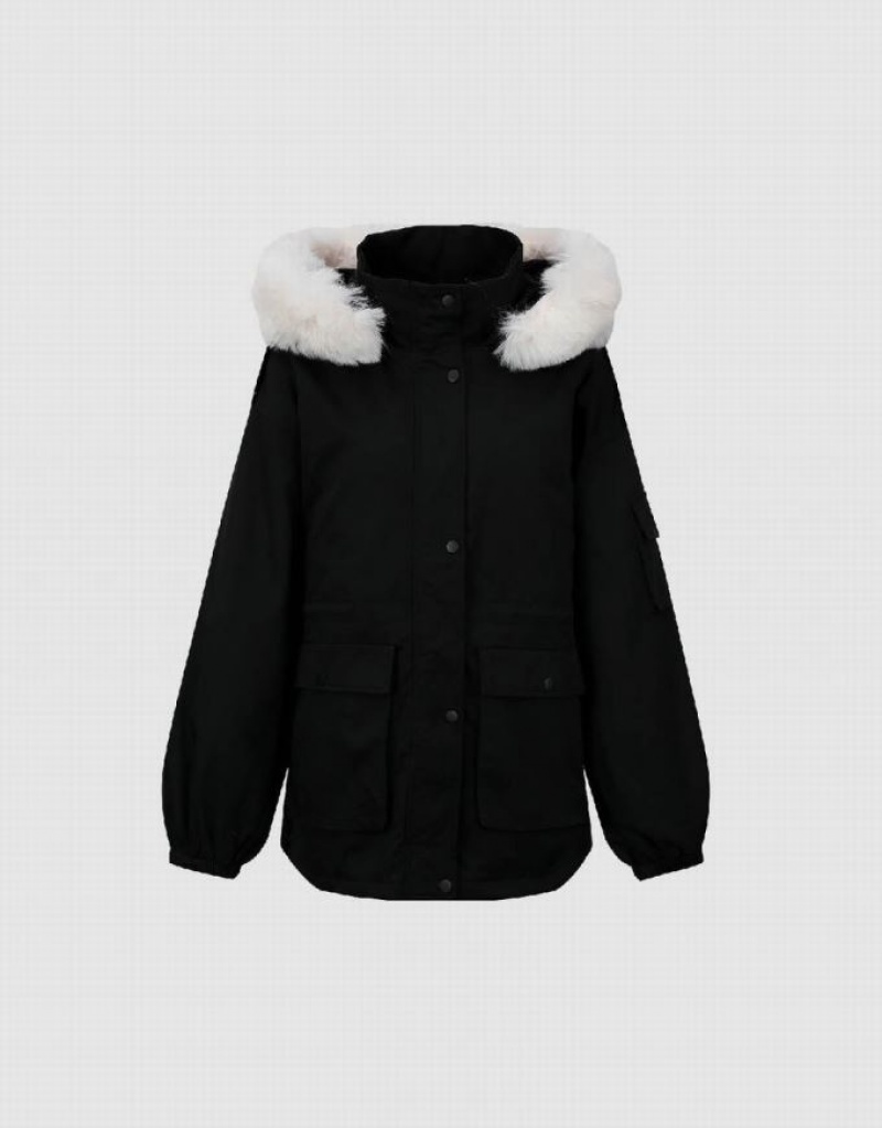 Black Urban Revivo Hooded Padded With Furry Collar Women's Coats | GBLMOY-648