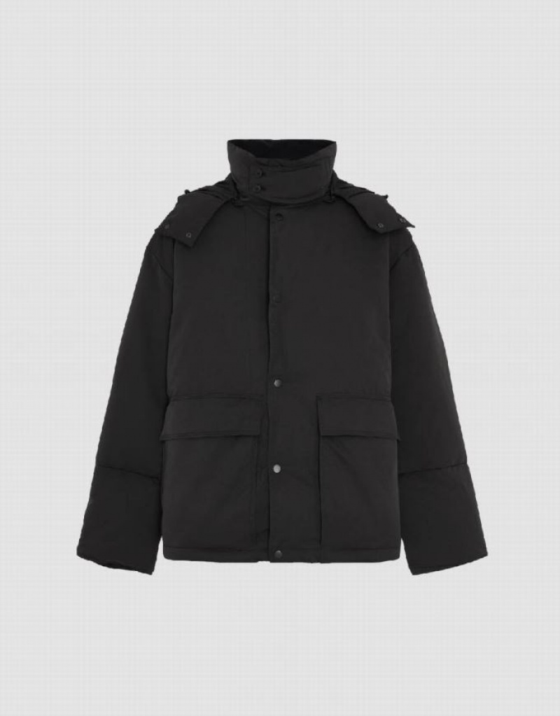 Black Urban Revivo Hooded Stand Collar Men's Down Jackets | OAHRBQ-610