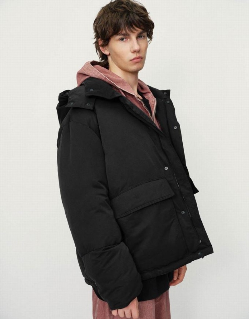 Black Urban Revivo Hooded Stand Collar Men's Down Jackets | OAHRBQ-610