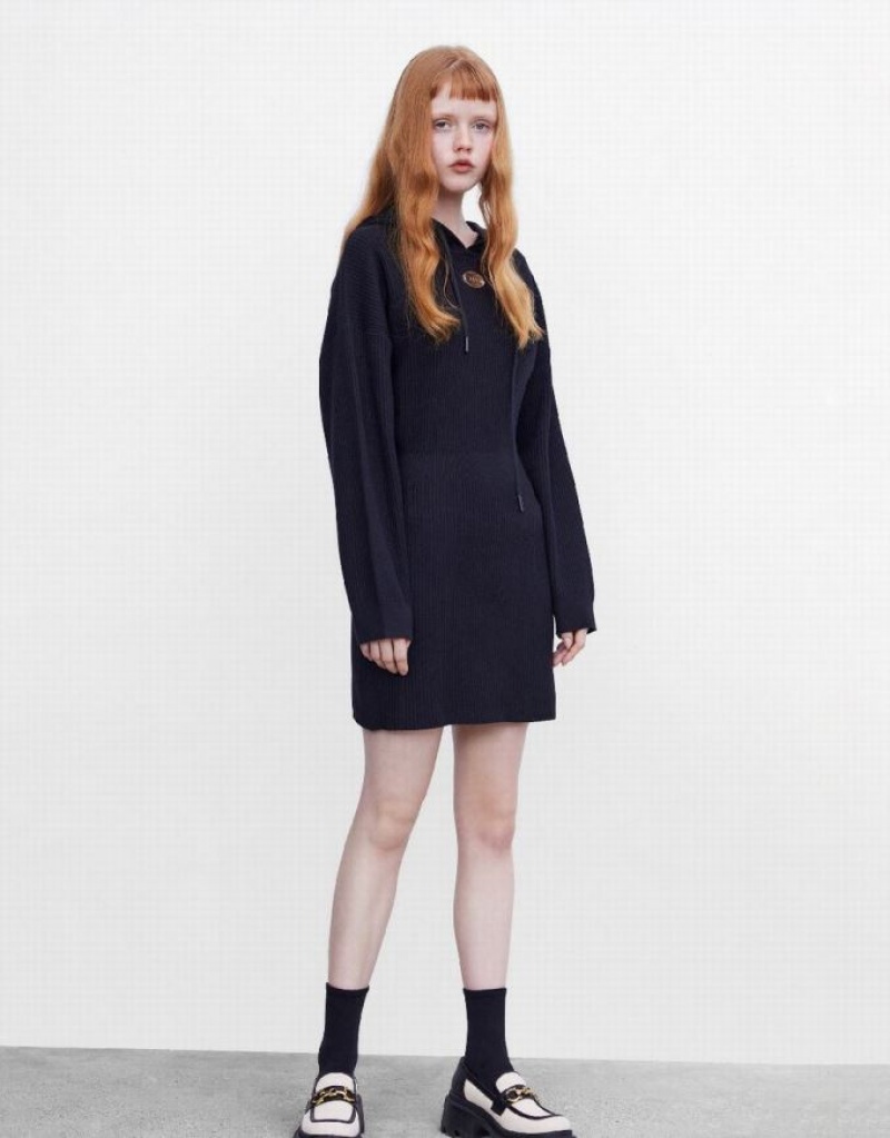 Black Urban Revivo Hooded Women's Knitted Dress | ENXSHV-950