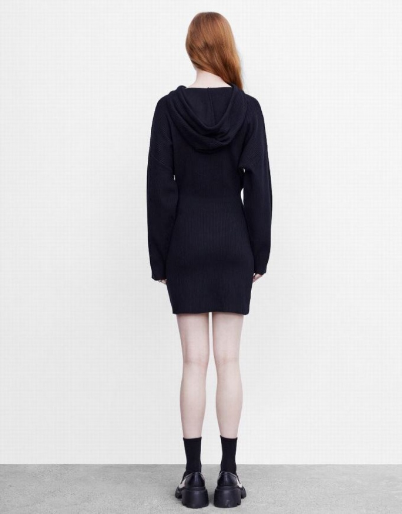 Black Urban Revivo Hooded Women's Knitted Dress | ENXSHV-950