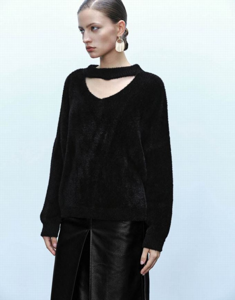 Black Urban Revivo Keyhole Neck Furry Knitted Women's Cardigan | SGQADZ-084