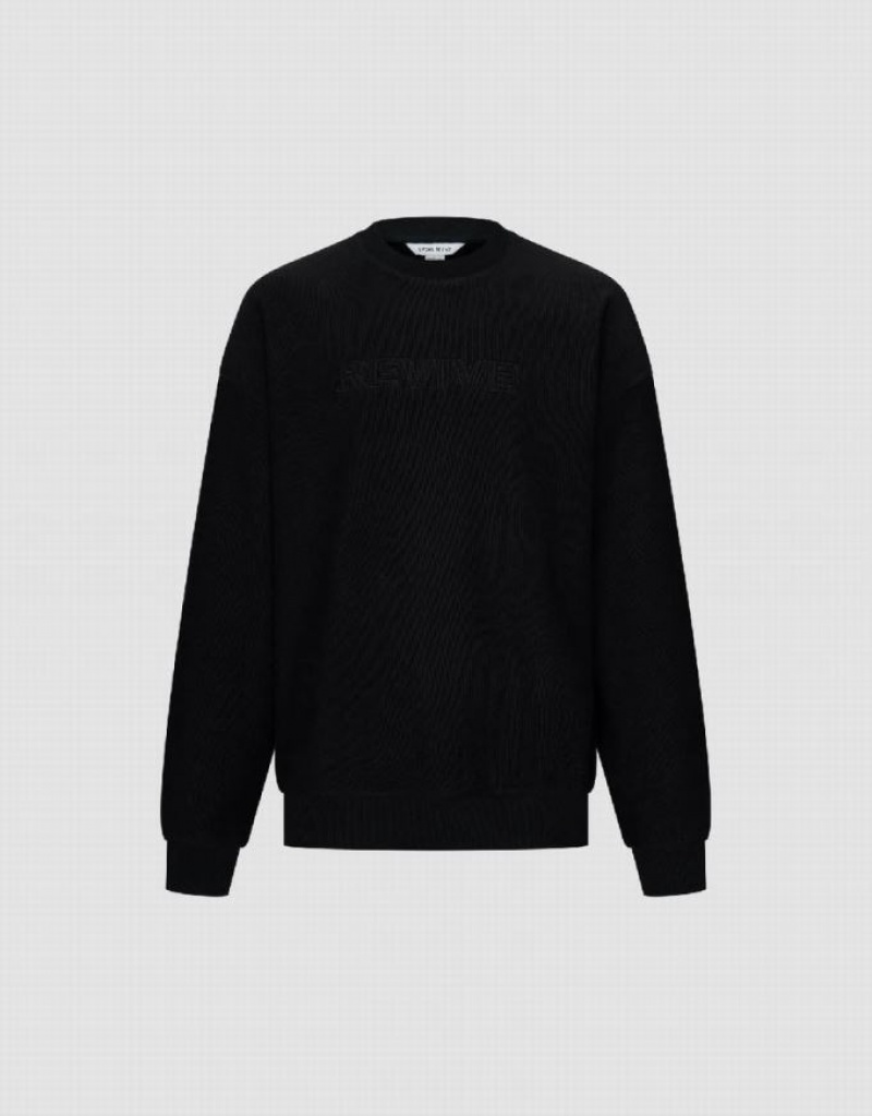 Black Urban Revivo Letter Embossed Crew Neck Men's Sweatshirts | KWURVC-298