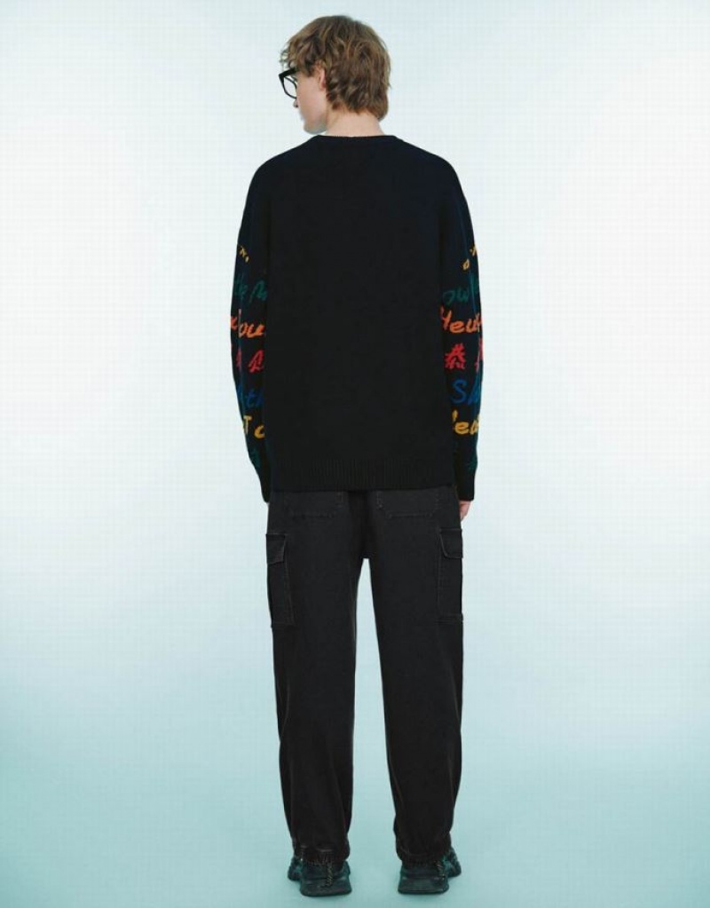 Black Urban Revivo Letter Embroidered Crew Neck Men's Sweaters | KEIVAN-527