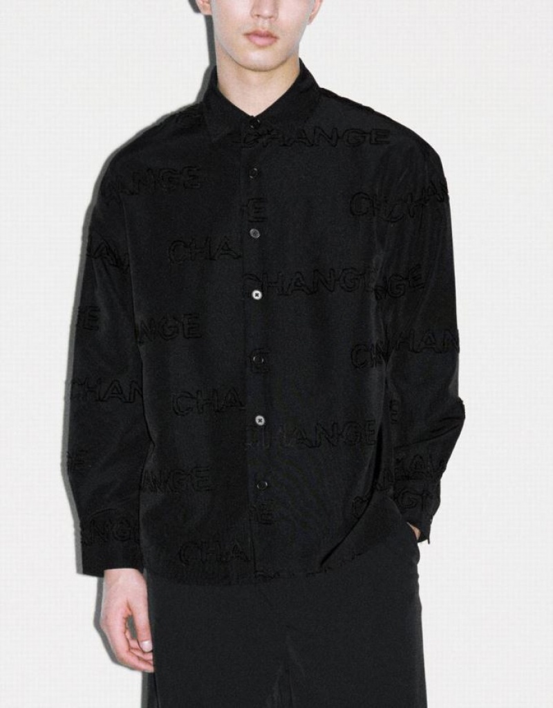 Black Urban Revivo Letter Printed Button Up Oversized Men's Shirts | LIESPA-053