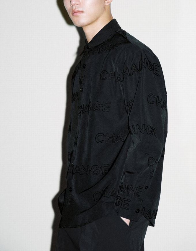 Black Urban Revivo Letter Printed Button Up Oversized Men's Shirts | LIESPA-053