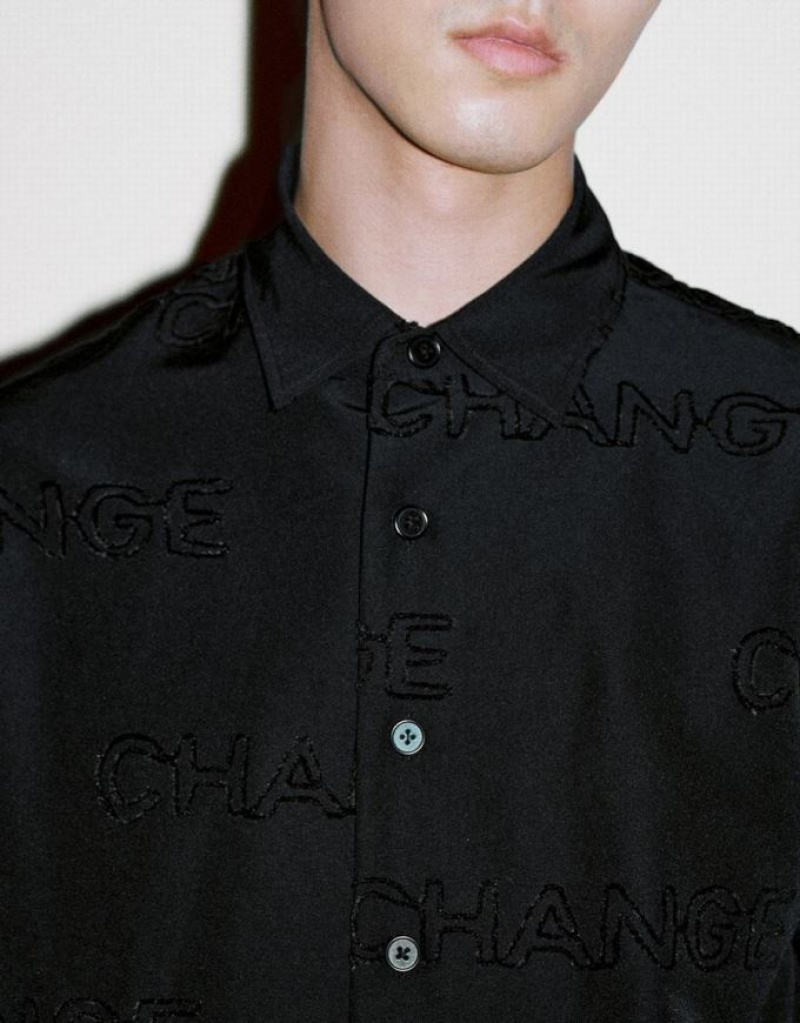 Black Urban Revivo Letter Printed Button Up Oversized Men's Shirts | LIESPA-053