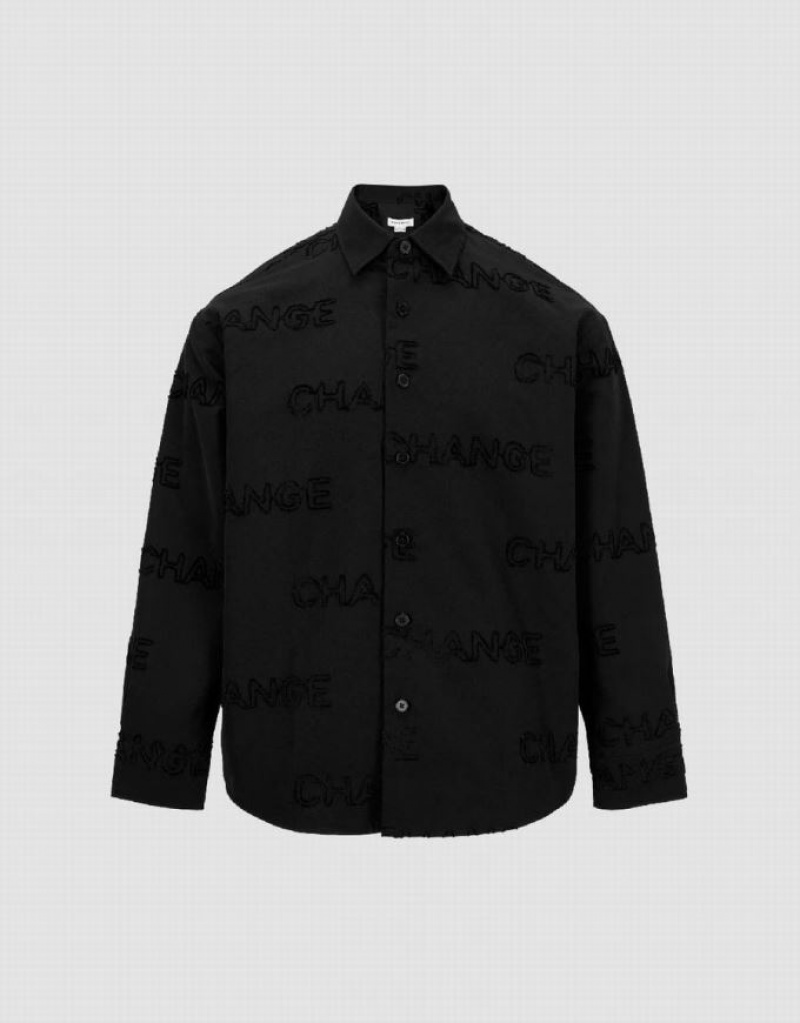 Black Urban Revivo Letter Printed Button Up Oversized Men\'s Shirts | LIESPA-053