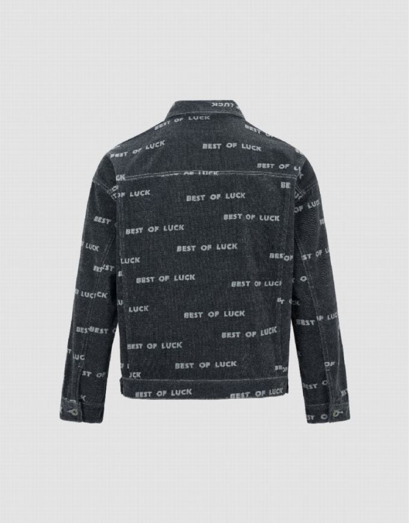 Black Urban Revivo Letter Printed Men's Denim Jackets | GFZEOK-069