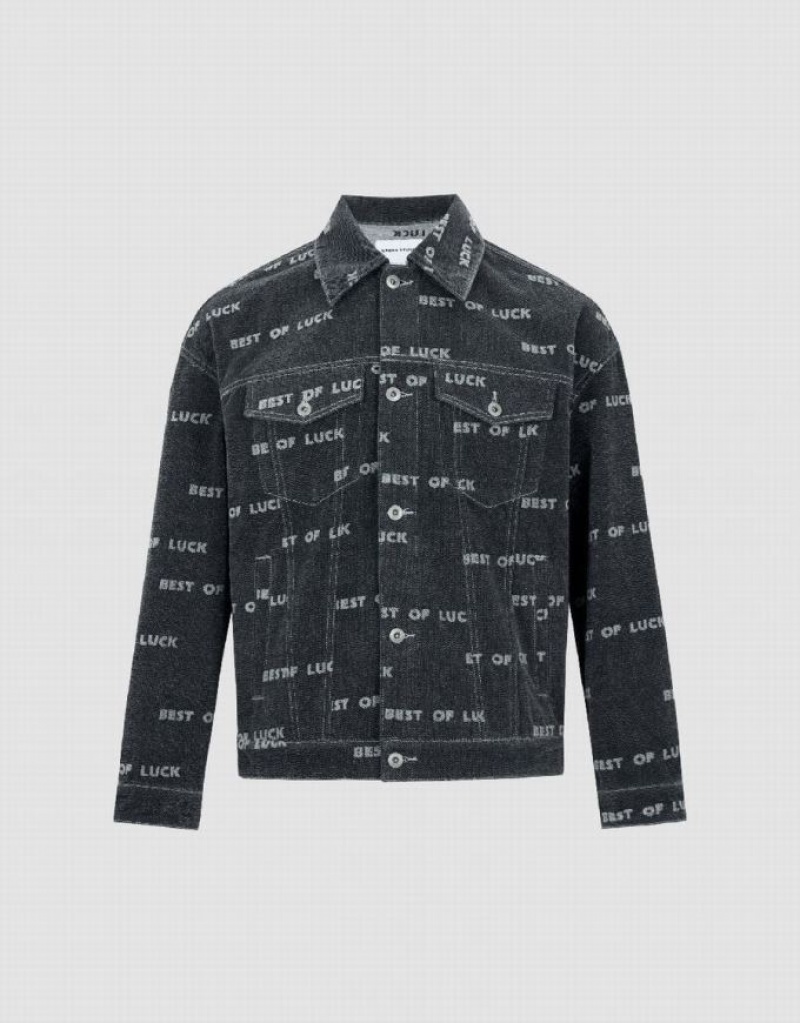 Black Urban Revivo Letter Printed Men's Denim Jackets | GFZEOK-069