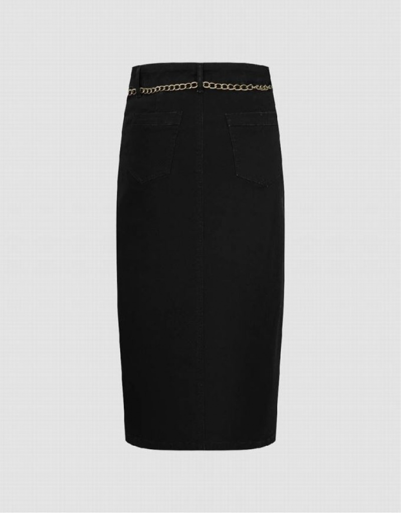 Black Urban Revivo Midi Straight With Chain Women's Denim Skirt | TYSAHJ-640