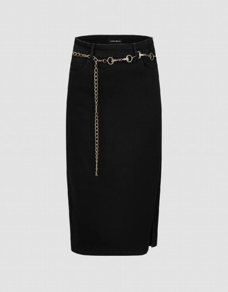 Black Urban Revivo Midi Straight With Chain Women\'s Denim Skirt | TYSAHJ-640