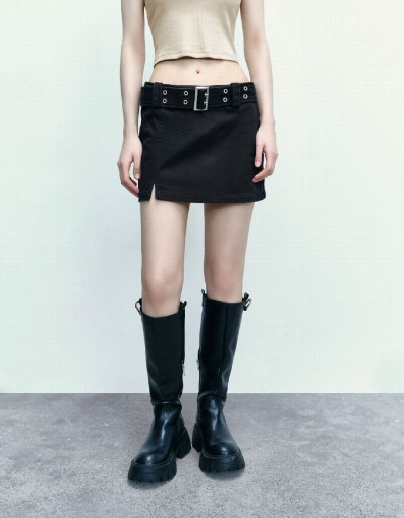 Black Urban Revivo Mini A-Line With Belt Women's Skirts | ZDSNJY-748