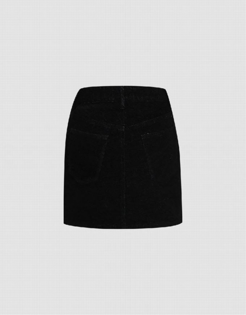 Black Urban Revivo Monogram Straight Mini Women's Denim Skirt | TKMAQY-238