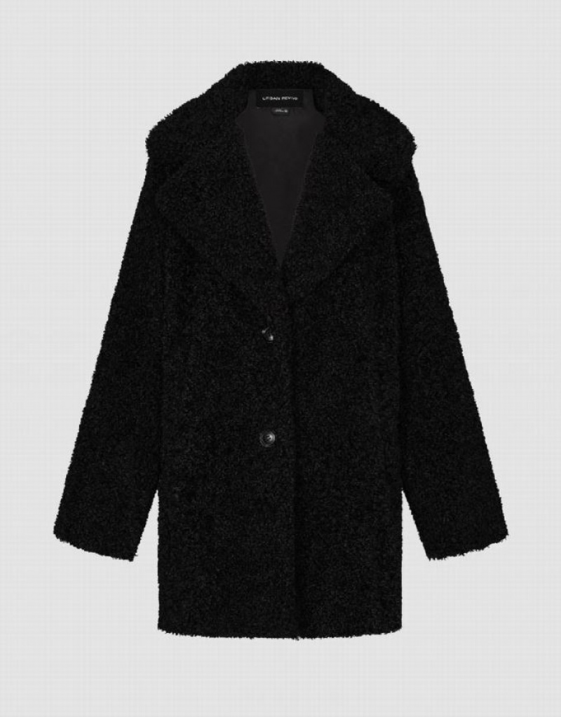 Black Urban Revivo Notch Lapel Longline Furry Women's Coats | NXUSBE-794