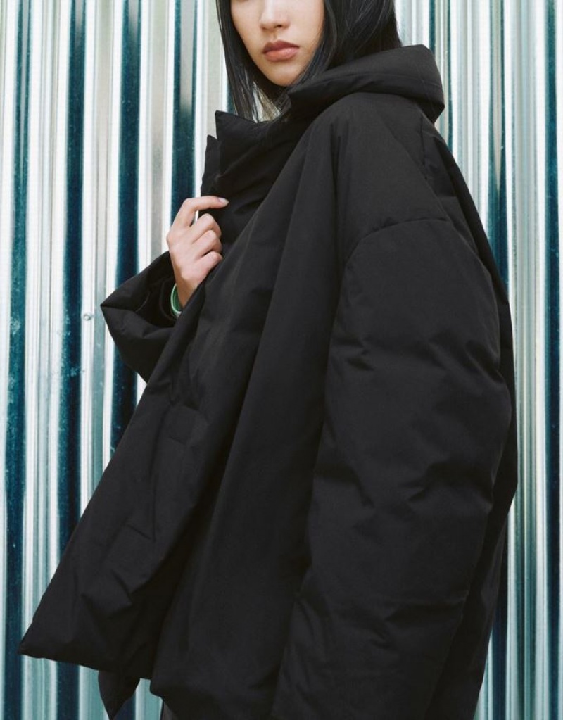 Black Urban Revivo Notch Lapel Oversized Women's Down Jackets | CDHUEO-208