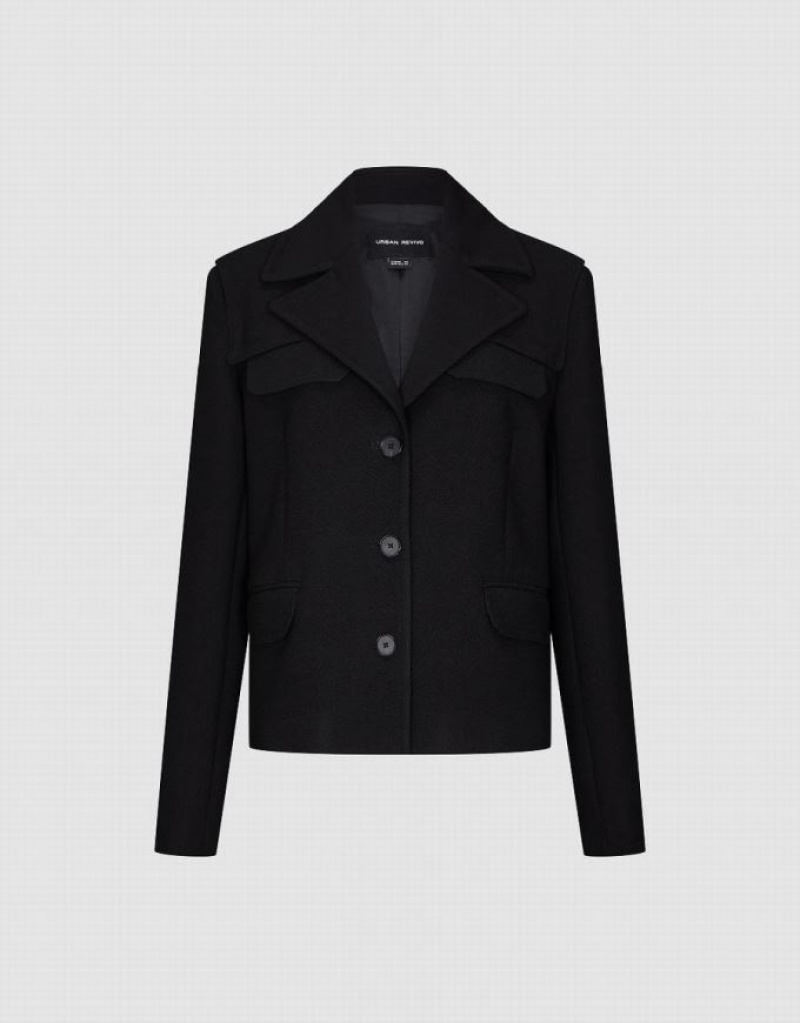 Black Urban Revivo Notch Lapel Straight Women's Blazers | UYKCPL-483