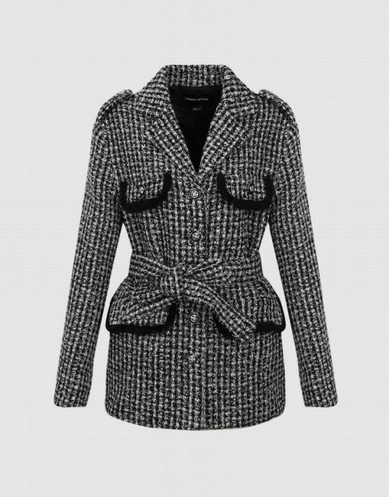 Black Urban Revivo Notch Lapel Tweed With Belt Women's Jacket | IHOCPX-315