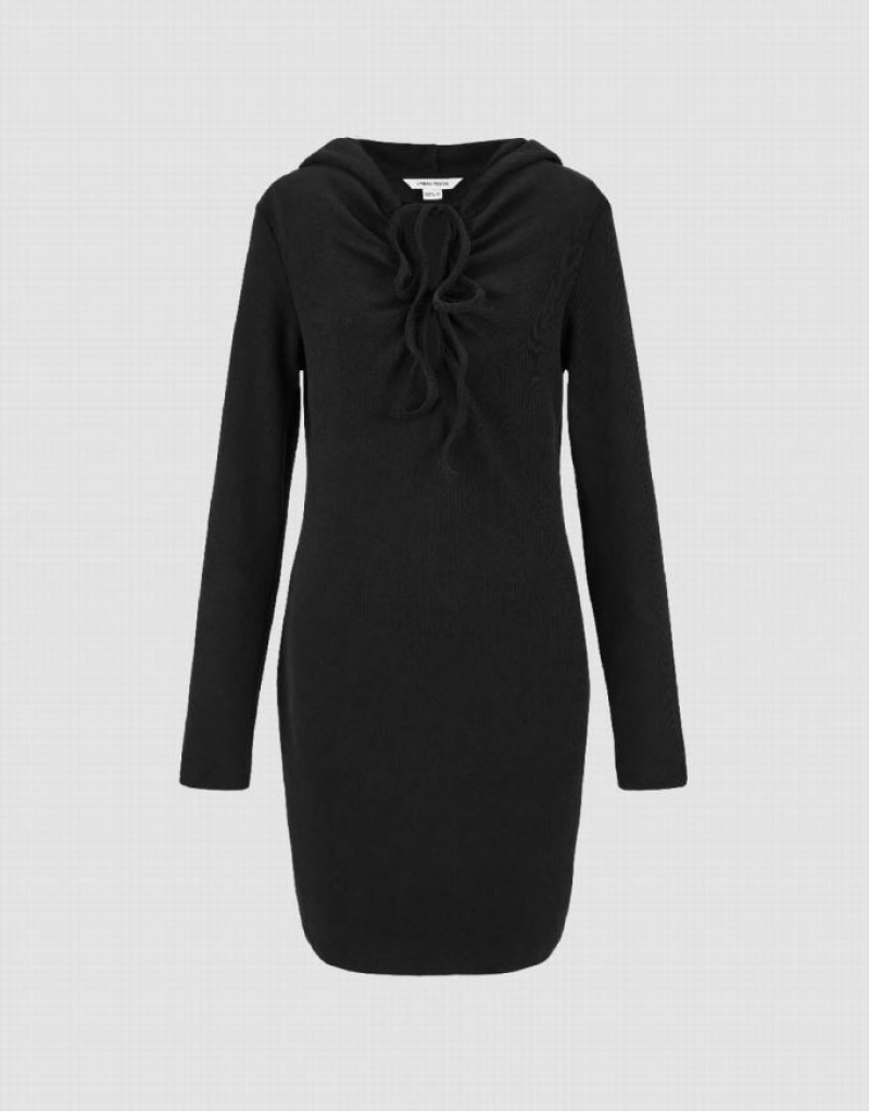 Black Urban Revivo O-Ring Hooded Skinny Women's Dress | NJDBVP-813