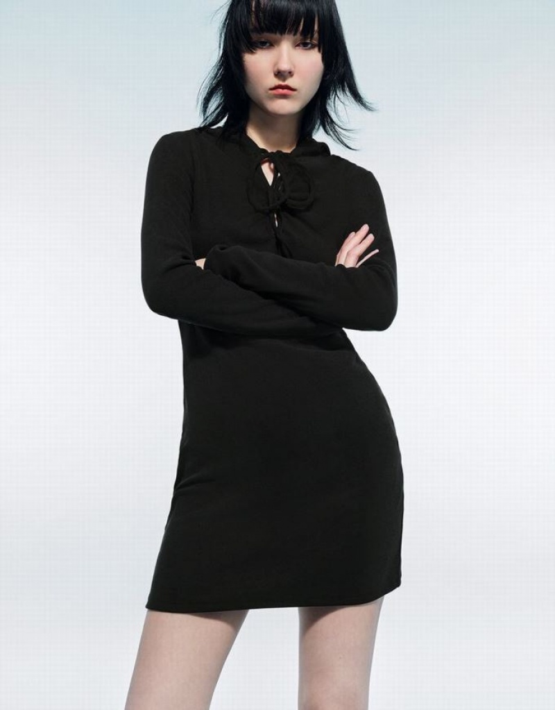 Black Urban Revivo O-Ring Hooded Skinny Women's Dress | NJDBVP-813