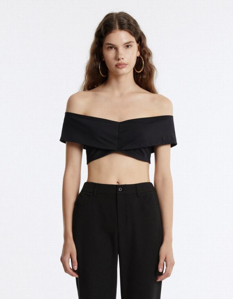 Black Urban Revivo Off-Shoulder Cropped Top Women's Bandeau | XNRAUB-360