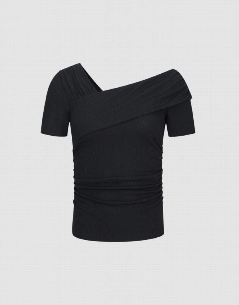 Black Urban Revivo One Shoulder Skinny Women's T-Shirts | BVTHAO-839