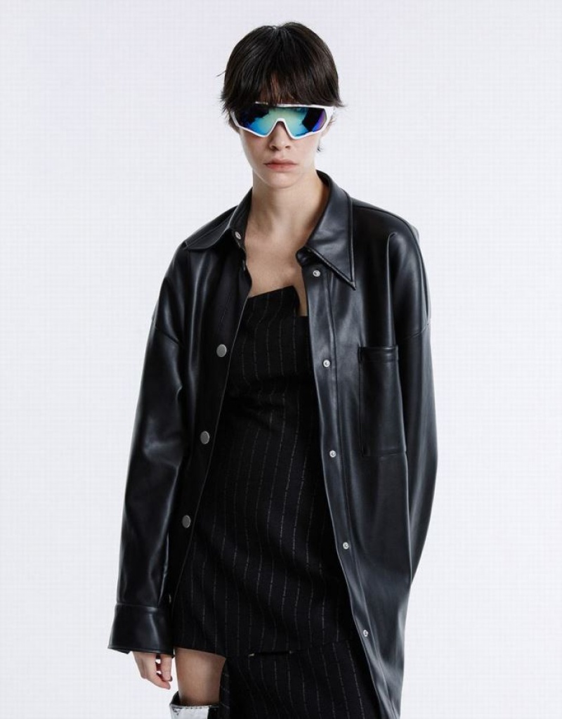 Black Urban Revivo Patch Pocket Faux Leather Women's Shirts | ABVQDR-834