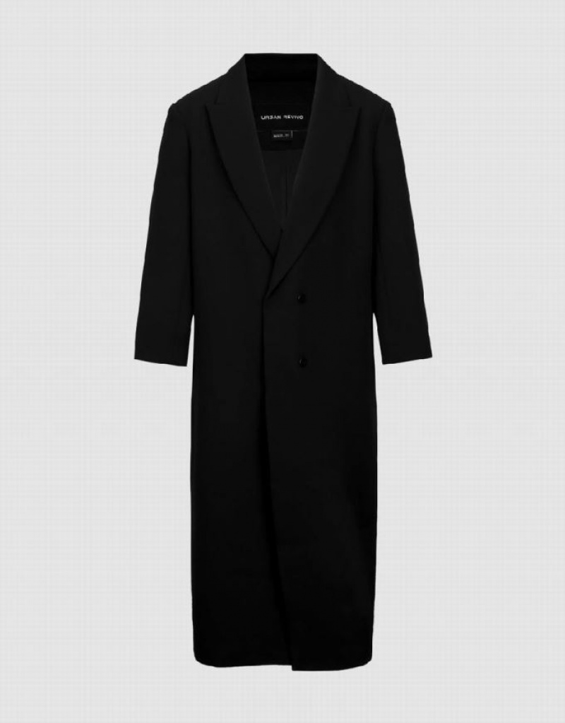 Black Urban Revivo Peaked Lapel Long Women's Coats | NERAGU-485