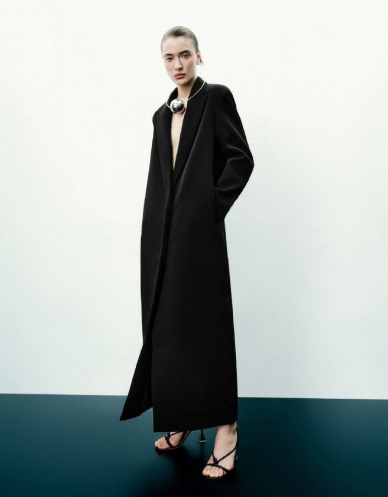 Black Urban Revivo Peaked Lapel Long Women's Coats | NERAGU-485