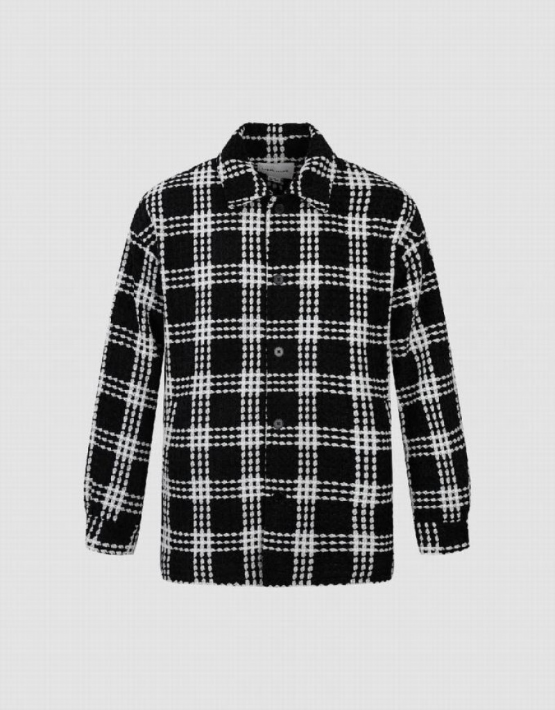 Black Urban Revivo Plaid Loose Men's Jacket | NTIPAM-902