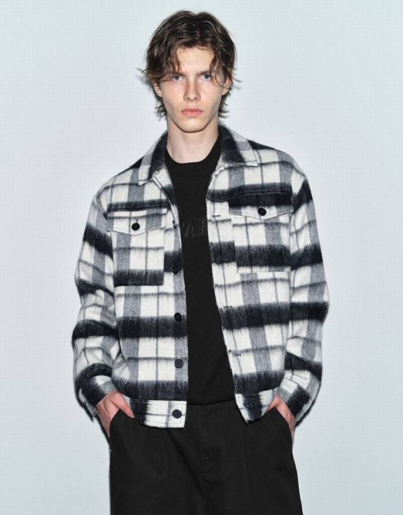 Black Urban Revivo Plaid Woolen Straight Men\'s Jacket | DGWNKS-294