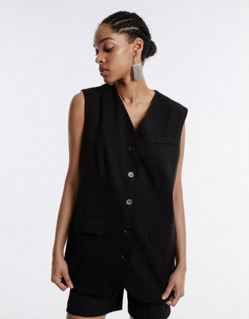 Black Urban Revivo Plain Button Up Women's Vest | AMRBNG-874