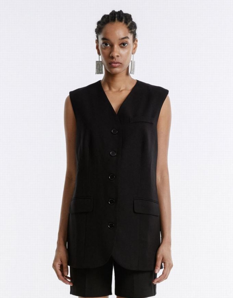 Black Urban Revivo Plain Button Up Women\'s Vest | AMRBNG-874