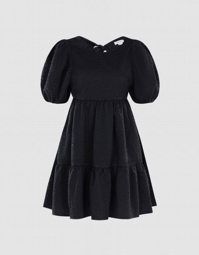 Black Urban Revivo Plain Puff Sleeve Ruffle Hem Women\'s Casual Dress | YKFNJU-798