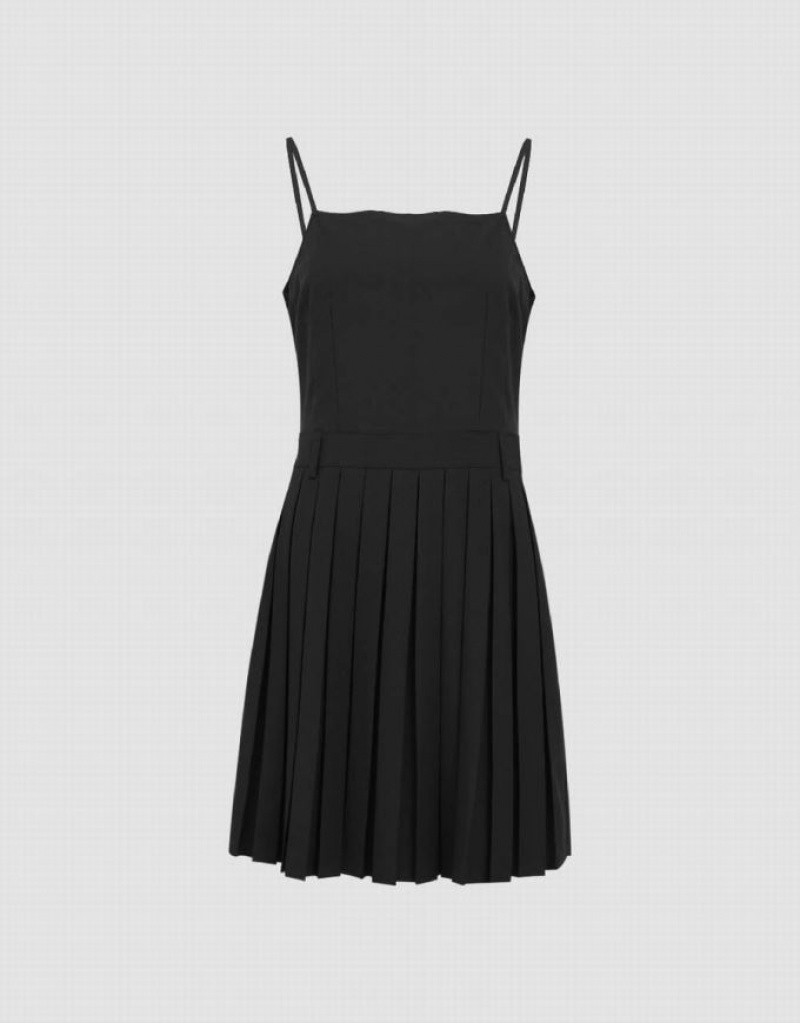 Black Urban Revivo Pleated Square-cut Collar Straight Cami Women's Dress | ZNVLQH-328