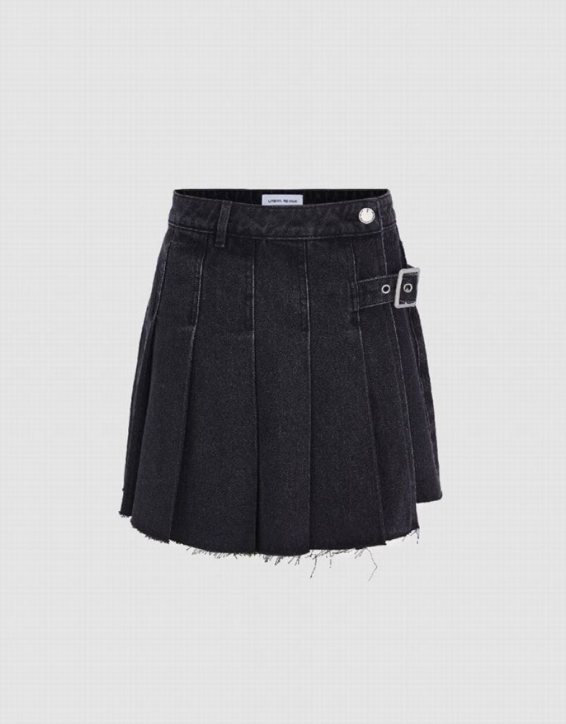 Black Urban Revivo Pleated With Belt Women\'s Denim Shorts | HSZPXE-105