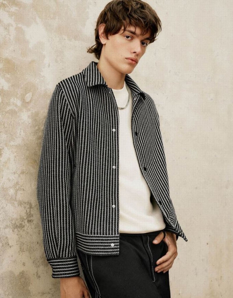 Black Urban Revivo Press Button Striped Men's Jacket | YURBMS-741