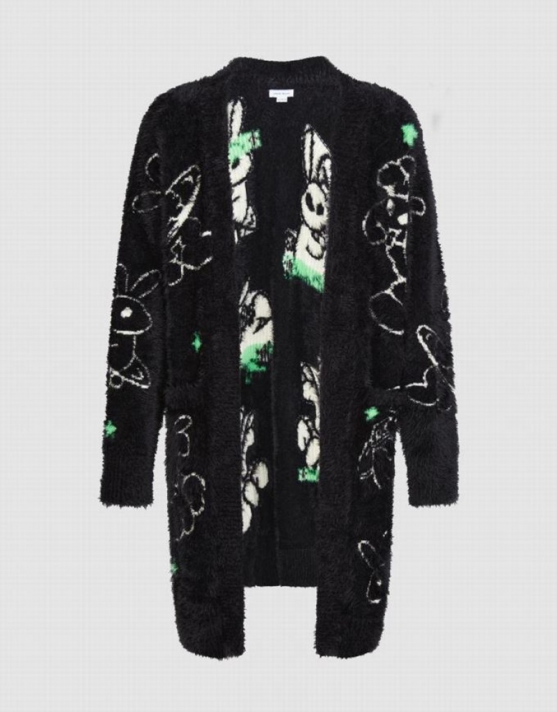 Black Urban Revivo Printed Knitted Men\'s Cardigan | MJSYZT-648