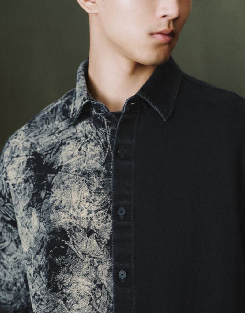 Black Urban Revivo Printed Loose Denim Men's Shirts | GNWVUE-983