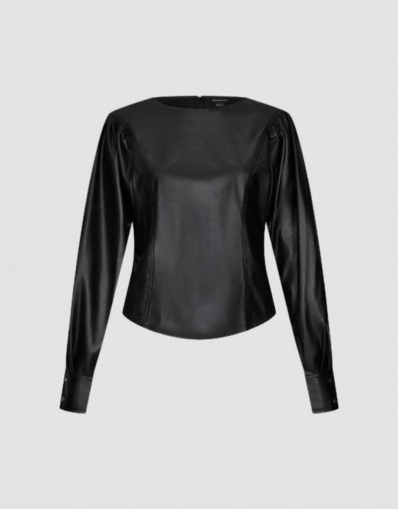 Black Urban Revivo Puff Sleeve Vegan Leather Overhead Women's Blouse | SCQTZM-790