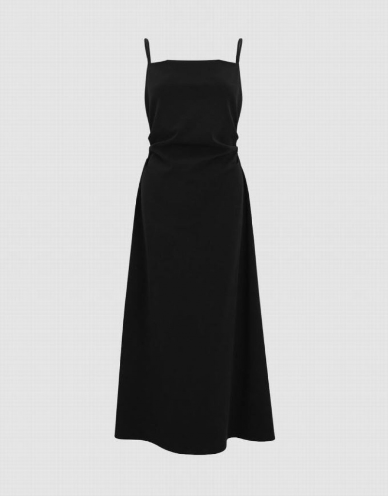 Black Urban Revivo Ruched A-Line Women's Dress | JMQVTA-025