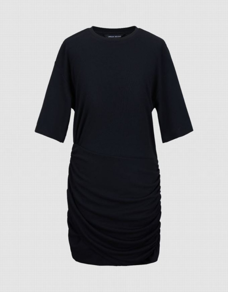 Black Urban Revivo Ruched Crew Neck Skinny Women's Dress | WOLQIF-672