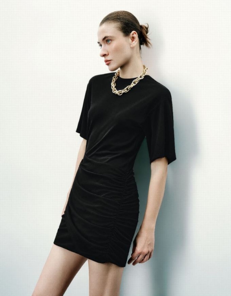 Black Urban Revivo Ruched Crew Neck Skinny Women's Dress | WOLQIF-672