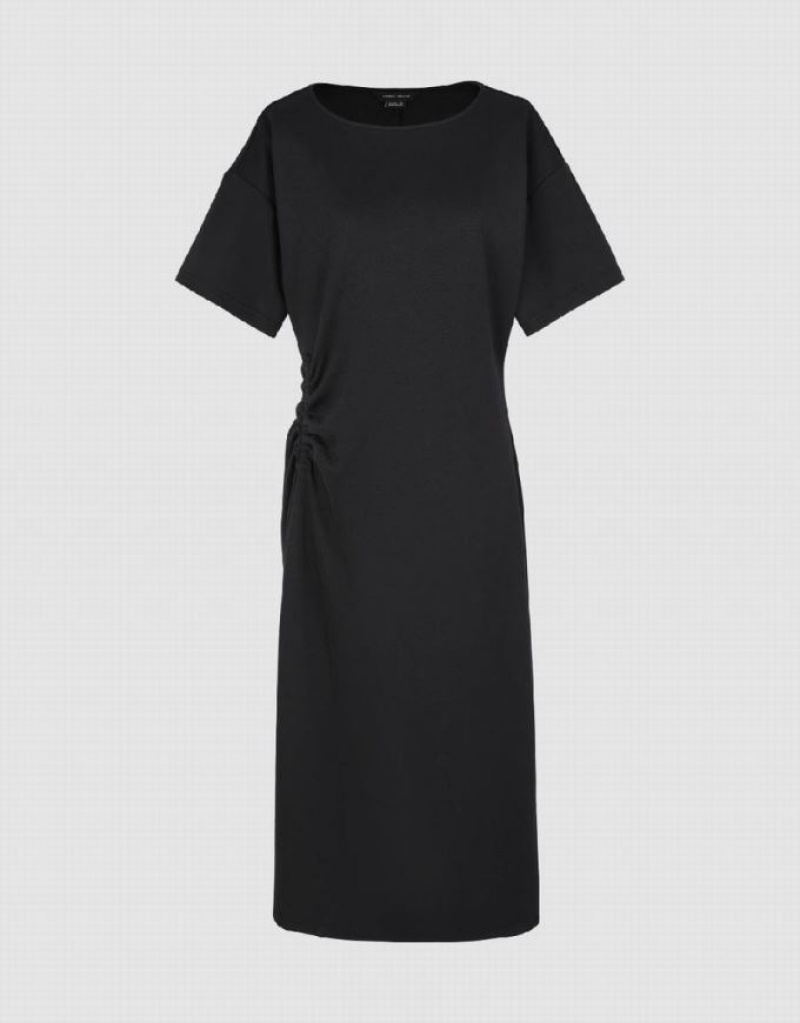 Black Urban Revivo Ruched U Neck A-Line Women's Dress | QAJMLR-451