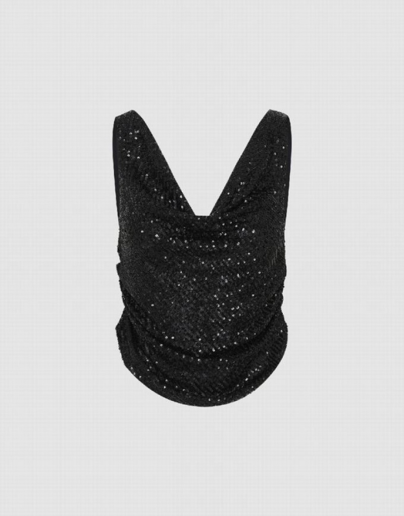 Black Urban Revivo Ruched U Neck Women's Tank Top | UNJTZG-304